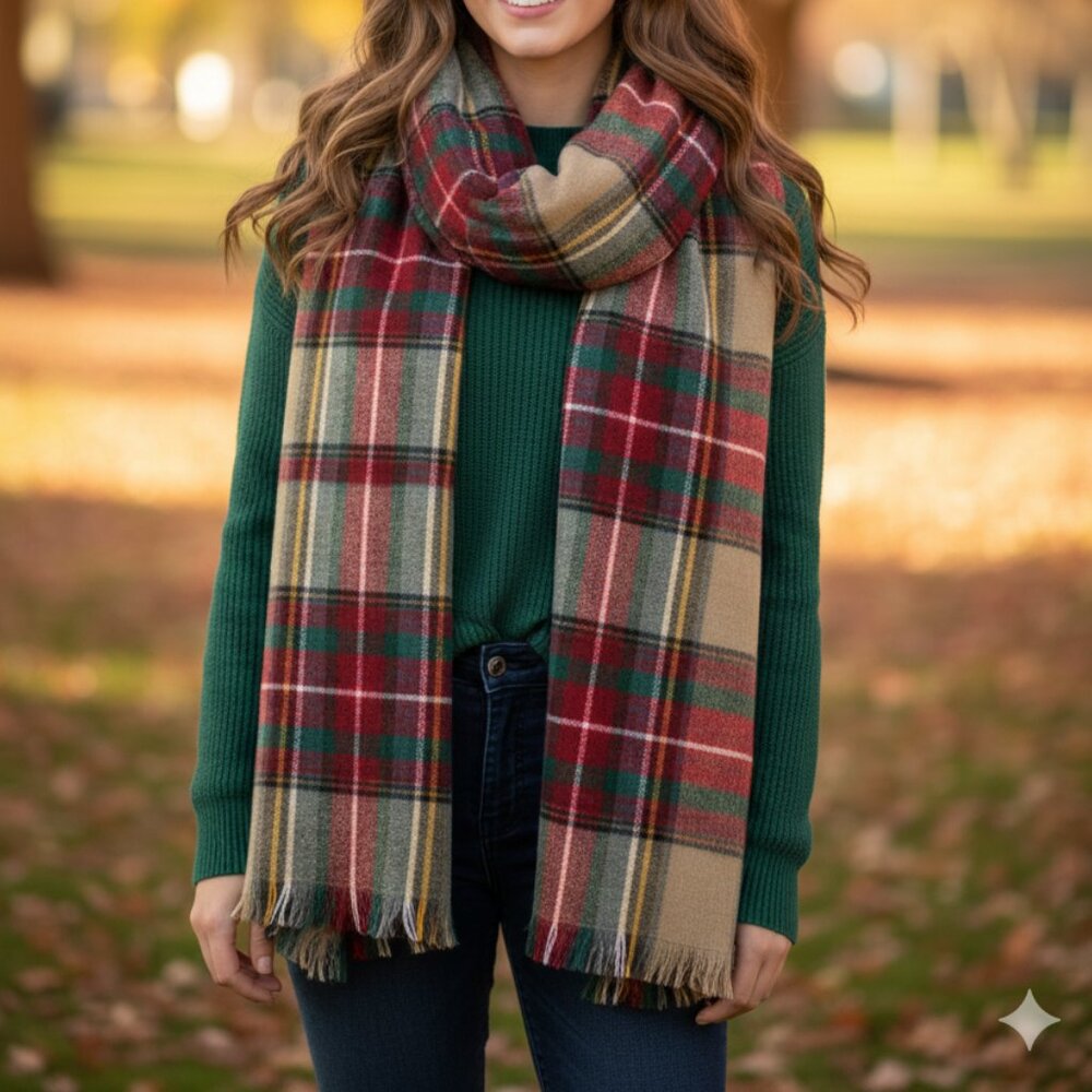 Plaid Blanket Scarf in Red and Green Thanksgiving